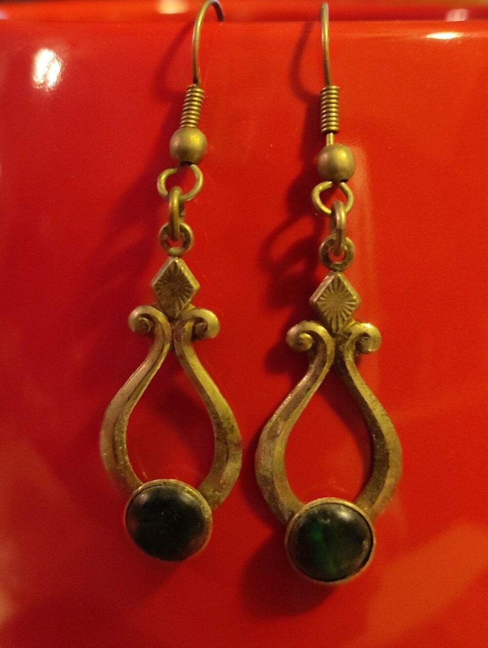 Antique Silver Drop Earrings with Dark Green Stone